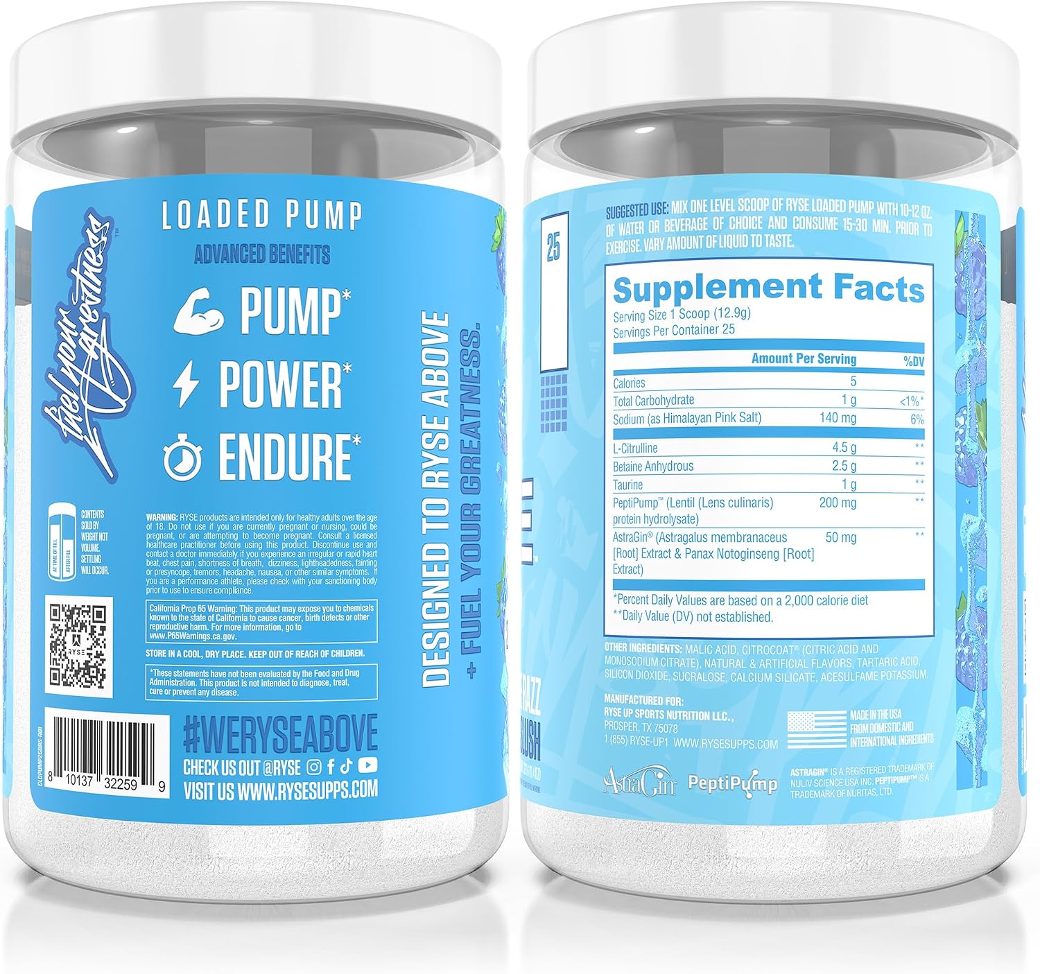 Ryse Loaded Pump Pre Workout Powder - Blue Razz Slush - No Caffeine Stimulant Free Formula for Pump, Power & Endurance - L-Citrulline, PeptiPump, Betaine Anhydrous, Taurine & AstraGin - 25 Servings - Image 6
