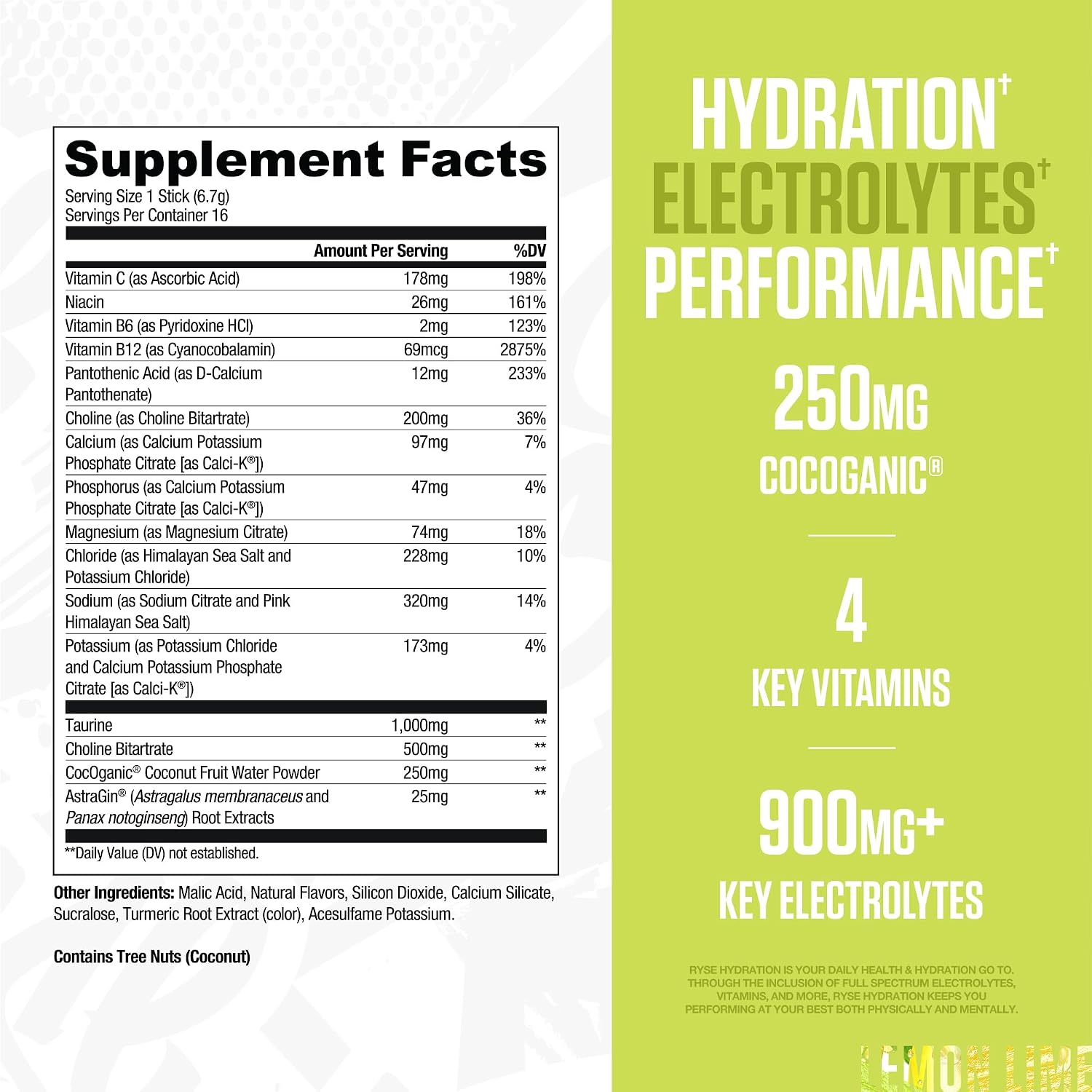 RYSE Hydration Electrolyte Powder Drink Mix Packets - Lemon Lime - Sugar-Free Full Spectrum Electrolytes with Essential Vitamins, Taurine and Choline for Rehydration - 16 Serving Sticks - Image 2