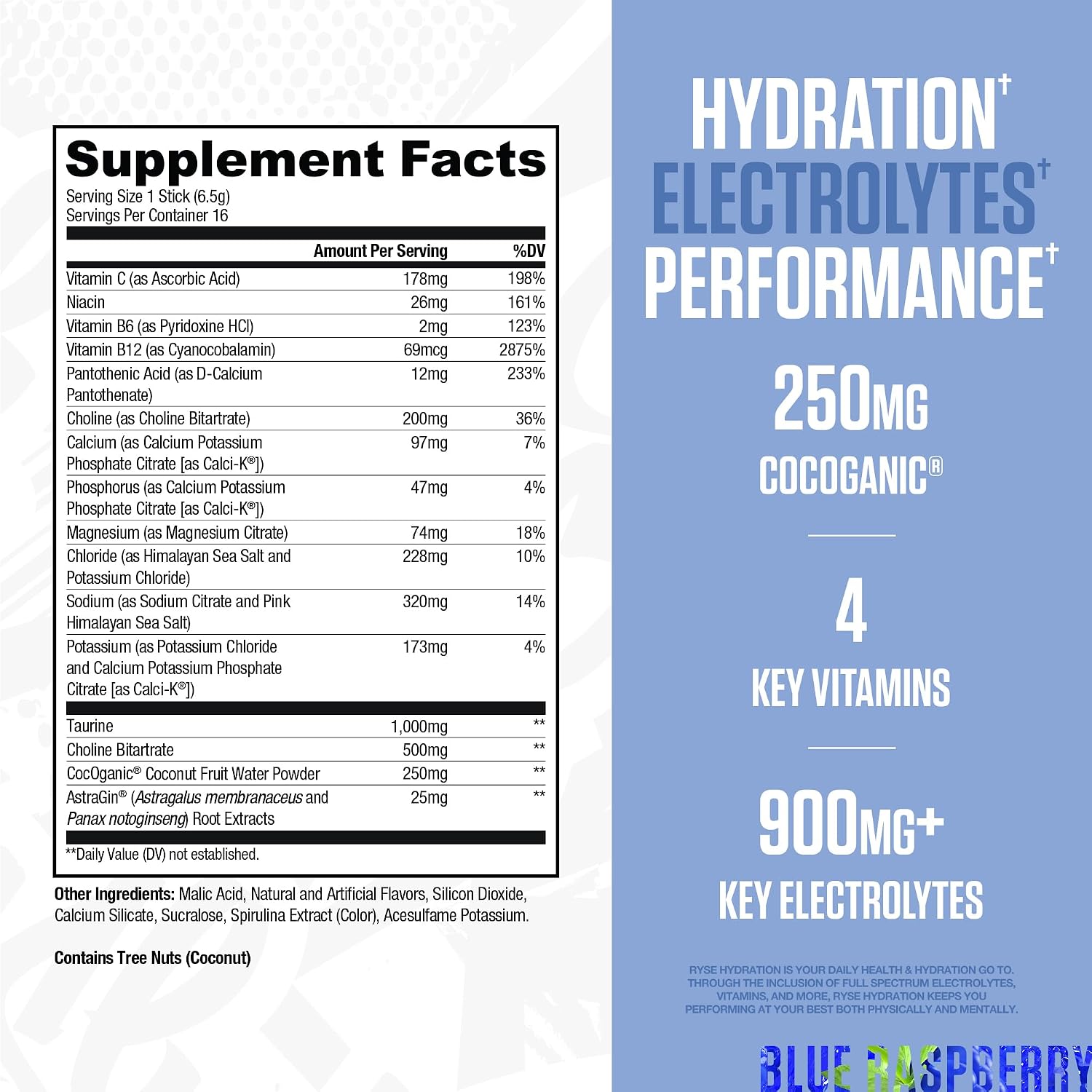 RYSE Hydration Electrolyte Powder Drink Mix Packets - Blue Raspberry - Sugar-Free Full Spectrum Electrolytes with Essential Vitamins, Taurine and Choline for Rehydration - 16 Serving Sticks - Image 2