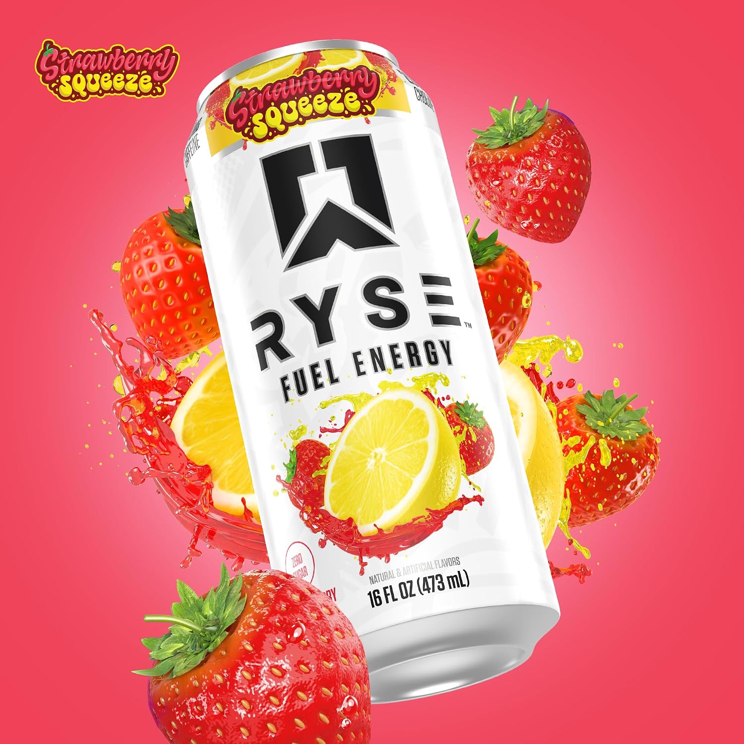 RYSE Fuel Energy Drink - Strawberry Squeeze - 16 fl oz Cans (12-Pack) | Sugar Free, Gluten Free & Vegan - 200mg Natural Caffeine, Taurine & Choline for Focus & Energy - No Artificial Colors - Image 3