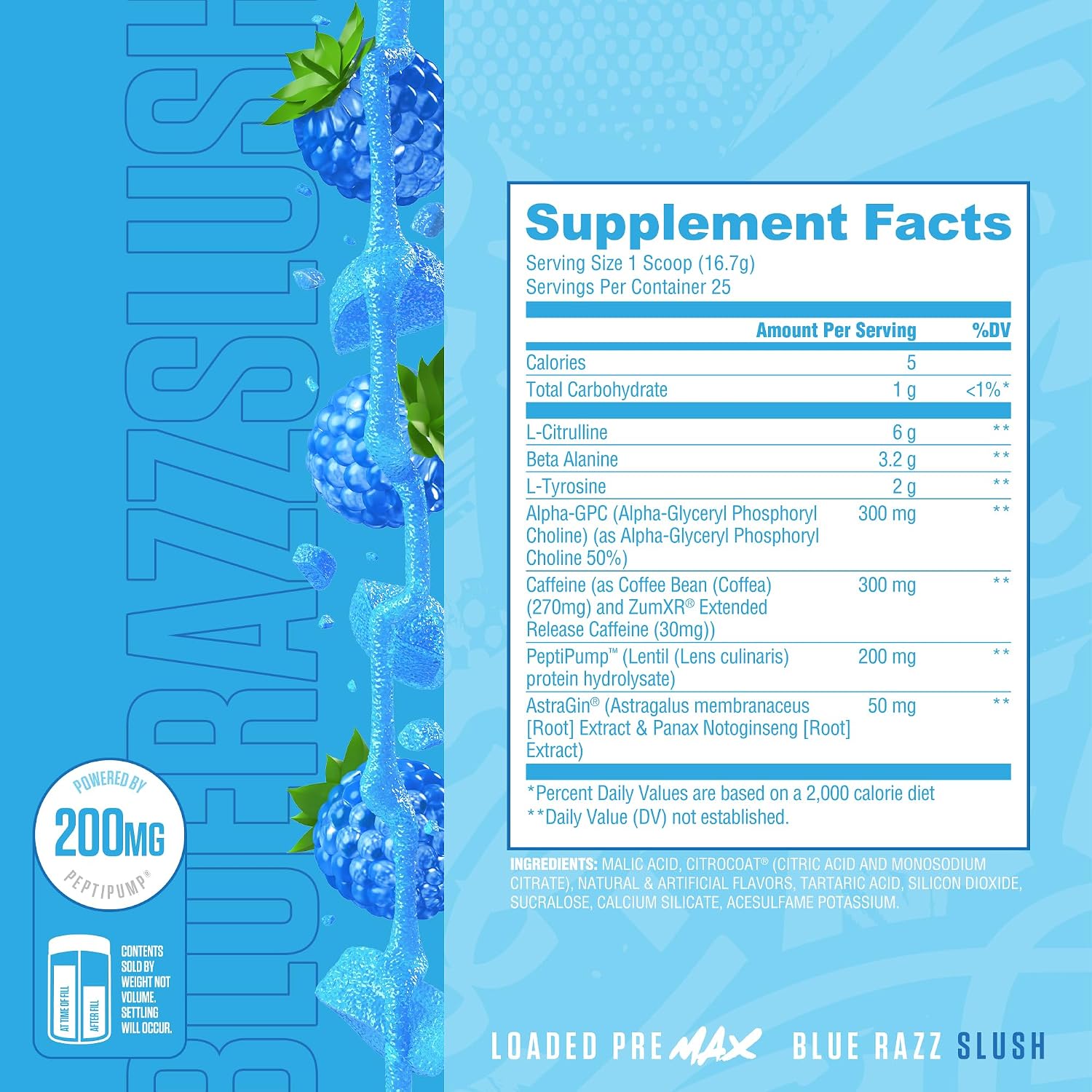 Ryse Loaded Pre Max Pre Workout Powder - Blue Razz Slush - 300mg Dual-Phase Caffeine for Sustained Energy for Men & Women - L-Citrulline, PeptiPump & Alpha-GPC for Power, Pumps & Focus - 25 Servings - Image 2