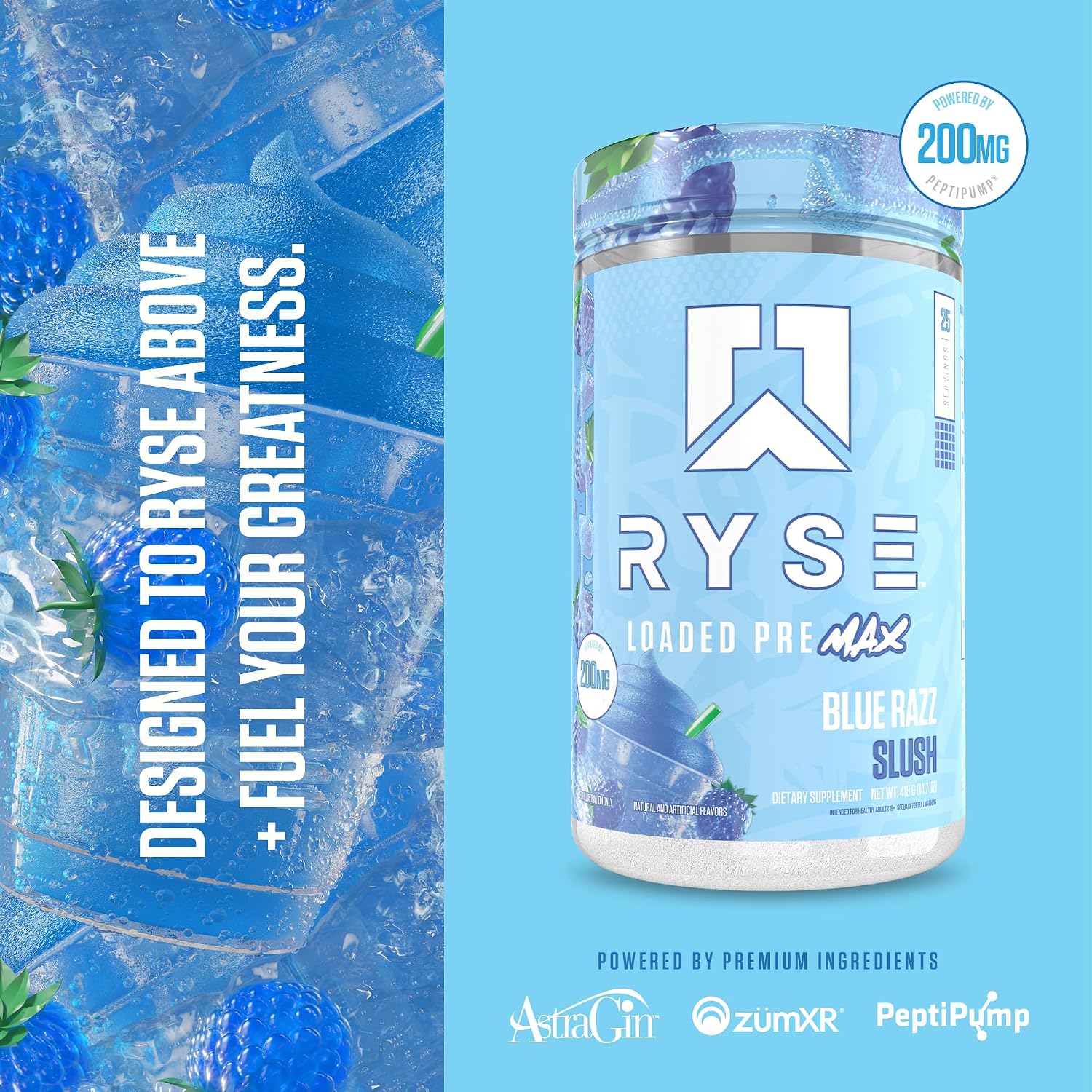 Ryse Loaded Pre Max Pre Workout Powder - Blue Razz Slush - 300mg Dual-Phase Caffeine for Sustained Energy for Men & Women - L-Citrulline, PeptiPump & Alpha-GPC for Power, Pumps & Focus - 25 Servings - Image 3