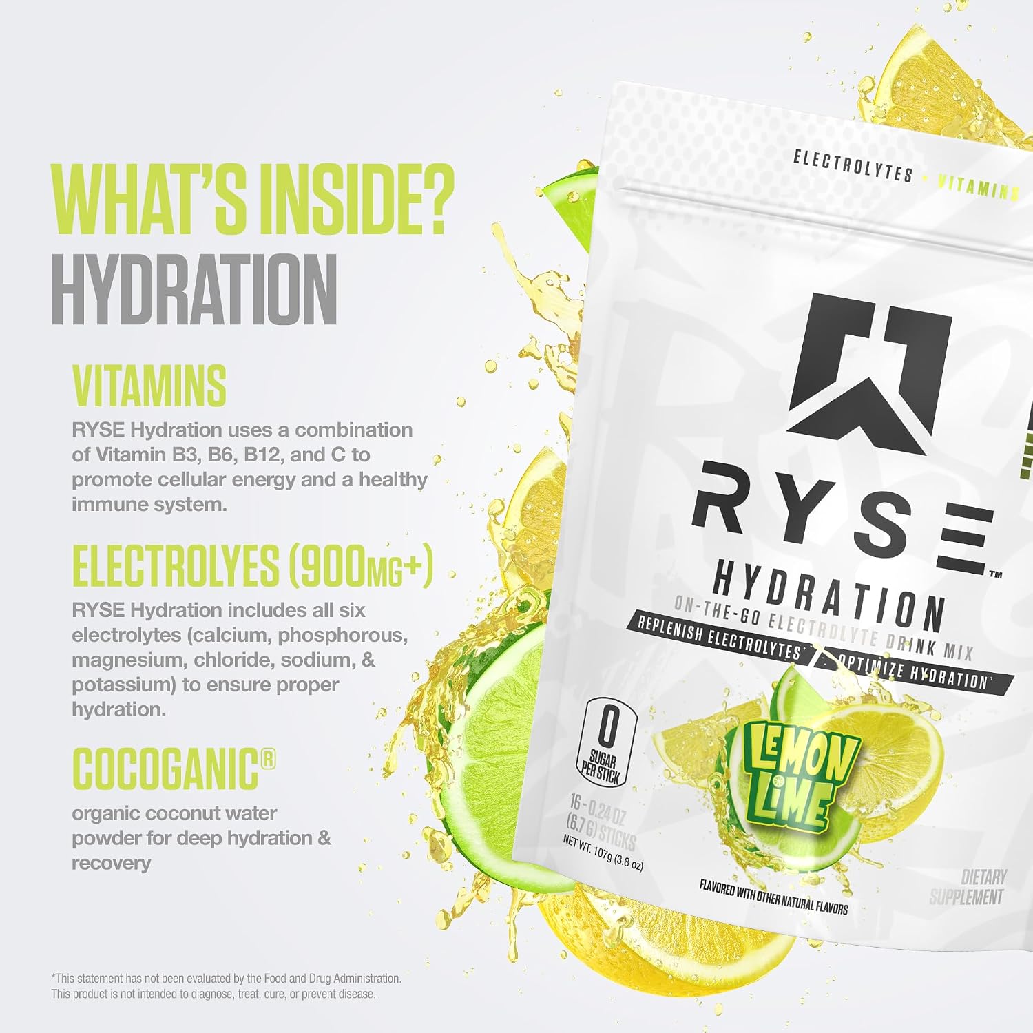 RYSE Hydration Electrolyte Powder Drink Mix Packets - Lemon Lime - Sugar-Free Full Spectrum Electrolytes with Essential Vitamins, Taurine and Choline for Rehydration - 16 Serving Sticks - Image 4