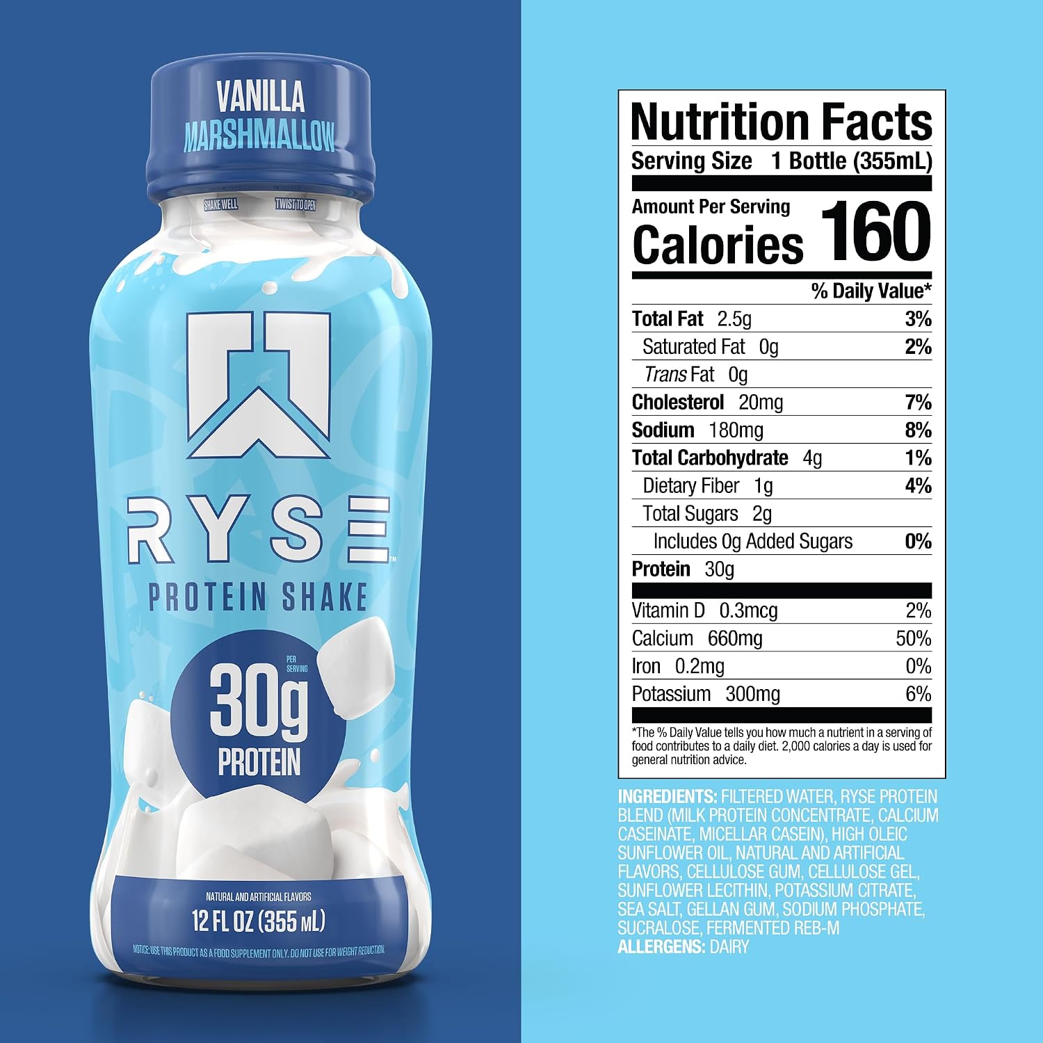 RYSE Protein Shake - Vanilla Marshmallow - 30g Protein Ready to Drink - 160 Calories, Zero Added Sugar, Gluten Free - Smooth & Delicious Nostalgic Flavors - 12 Fl Oz (12 Pack) - Image 2